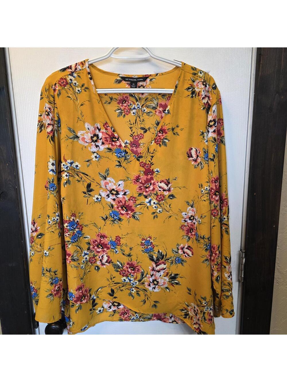 Zac & Rachel Woman 2X Mustard Yellow Floral Long Sleeve Blouse
